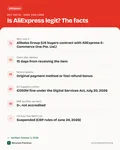 Fact card with the key facts: Is AliExpress Legit and Safe? Buyer Protection, Scams, Fakes and US Duties