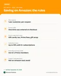 Fact card with the key facts: Amazon Coupon Codes: Clip Coupons, Promo Codes, Subscribe & Save and Generator Scams