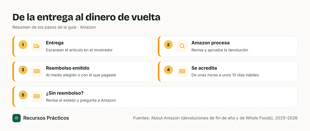 De la entrega al dinero de vuelta: Entrega (escanean el artículo en el mostrador); Amazon procesa (revisa y aprueba la devolución); Reembolso emitido (al medio elegido o con el que pagaste); Se acredita (de unas horas a unos 10 días hábiles); ¿Sin reembolso? (revisa el estado y pregunta a Amazon)