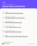 Fact card with the key facts: Is Hacoo Legit and Safe? What the App Is, How It Works and the Risks