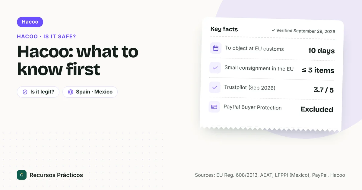 Risks of buying on Hacoo: 10 working days to object to destruction at EU customs, small consignment of 3 items or fewer, 3.7 out of 5 on Trustpilot and PayPal does not cover items that infringe trademarks