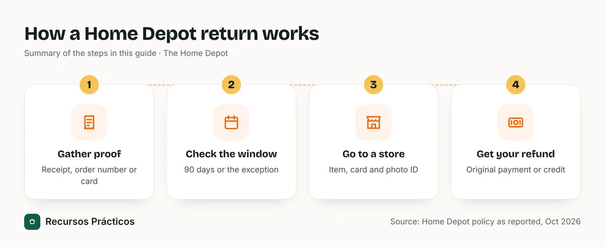 How a Home Depot return works: Gather proof (Receipt, order number or card); Check the window (90 days or the exception); Go to a store (Item, card and photo ID); Get your refund (Original payment or credit)