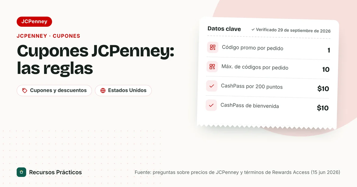 Reglas de los cupones de JCPenney de un vistazo: un código promocional por pedido, hasta 10 códigos en total, un CashPass de $10 por cada 200 puntos de recompensas y un CashPass de bienvenida de $10 para miembros nuevos