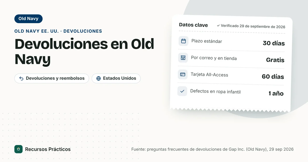 Política de devoluciones de Old Navy EE. UU. de un vistazo: 30 días para la mayoría de los artículos, devoluciones gratis, hasta 60 días para titulares de la tarjeta Encore All-Access y un año para defectos en ropa infantil
