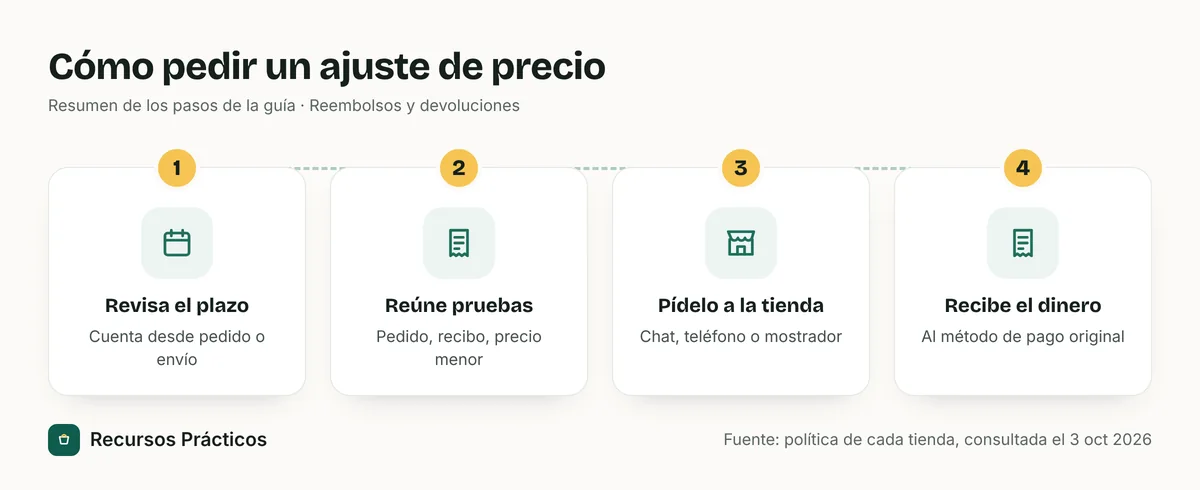 Flujo de cuatro pasos: revisar el plazo, reunir pruebas, pedirlo a la tienda y recibir la diferencia en tu método de pago original
