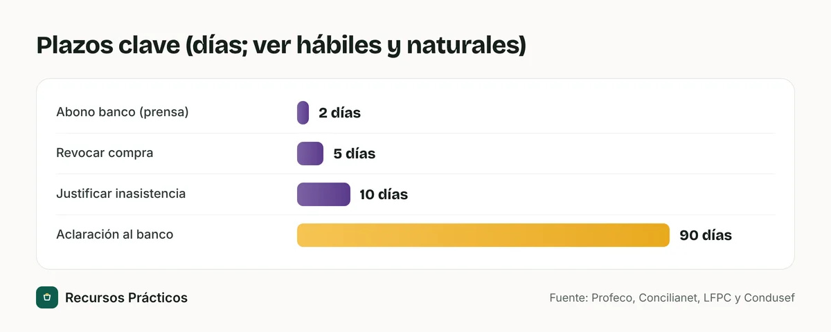 Gráfica de plazos clave en días: 2 días hábiles para el abono provisional del banco según la prensa, 5 para revocar una compra, 10 para justificar la inasistencia a una audiencia de Concilianet y 90 para aclarar un cargo
