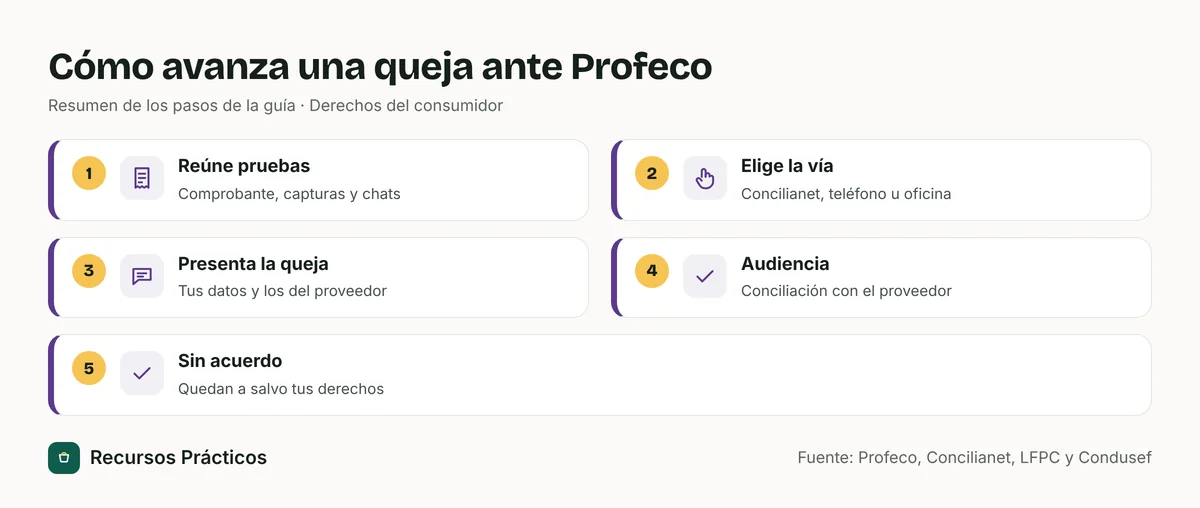 Diagrama de cómo avanza una queja ante Profeco: reunir pruebas, elegir la vía, presentar la queja, audiencia de conciliación y qué pasa si no hay acuerdo