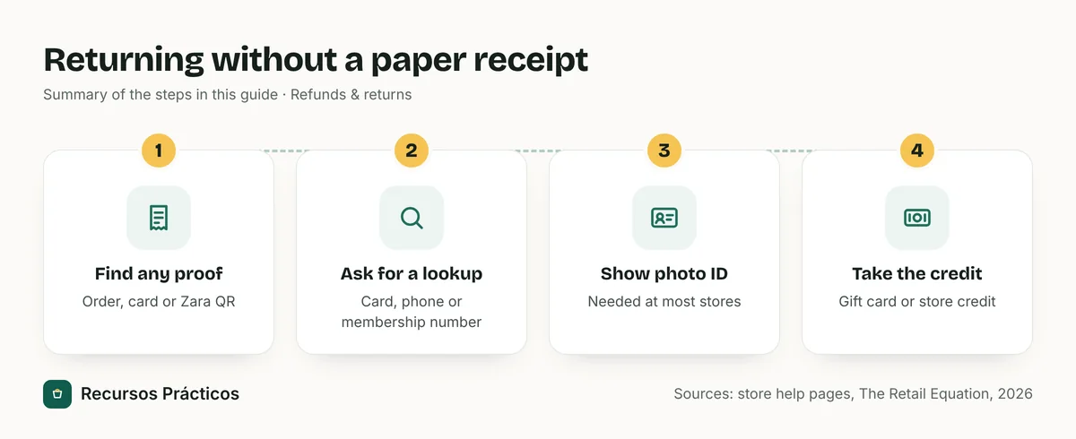 Returning without a paper receipt: Find any proof (Order, card or Zara QR); Ask for a lookup (Card, phone or membership number); Show photo ID (Needed at most stores); Take the credit (Gift card or store credit)