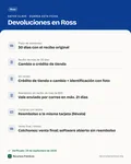Ficha con los datos clave: Política de devoluciones de Ross (EE. UU.): 30 días (no 60), recibo, identificación y crédito de tienda