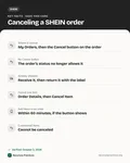 Fact card with the key facts: How to Cancel a SHEIN Order: When It Works, Partial Cancels and Refund Timing