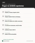 Ficha con los datos clave: Cómo pagar en SHEIN: OXXO, tarjeta, PayPal, a meses y Klarna (México y España)