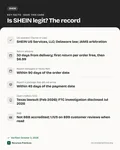 Fact card with the key facts: Is SHEIN Legit and Safe to Order From? Who Runs It, Buyer Protections and the Legal Record