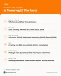Fact card with the key facts: Is Temu Legit and Safe to Buy From? What Regulators, the BBB and Temu Say