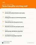 Fact card with the key facts: Temu Free Gifts: How to Get Them, How They Work and Whether They’re Legit